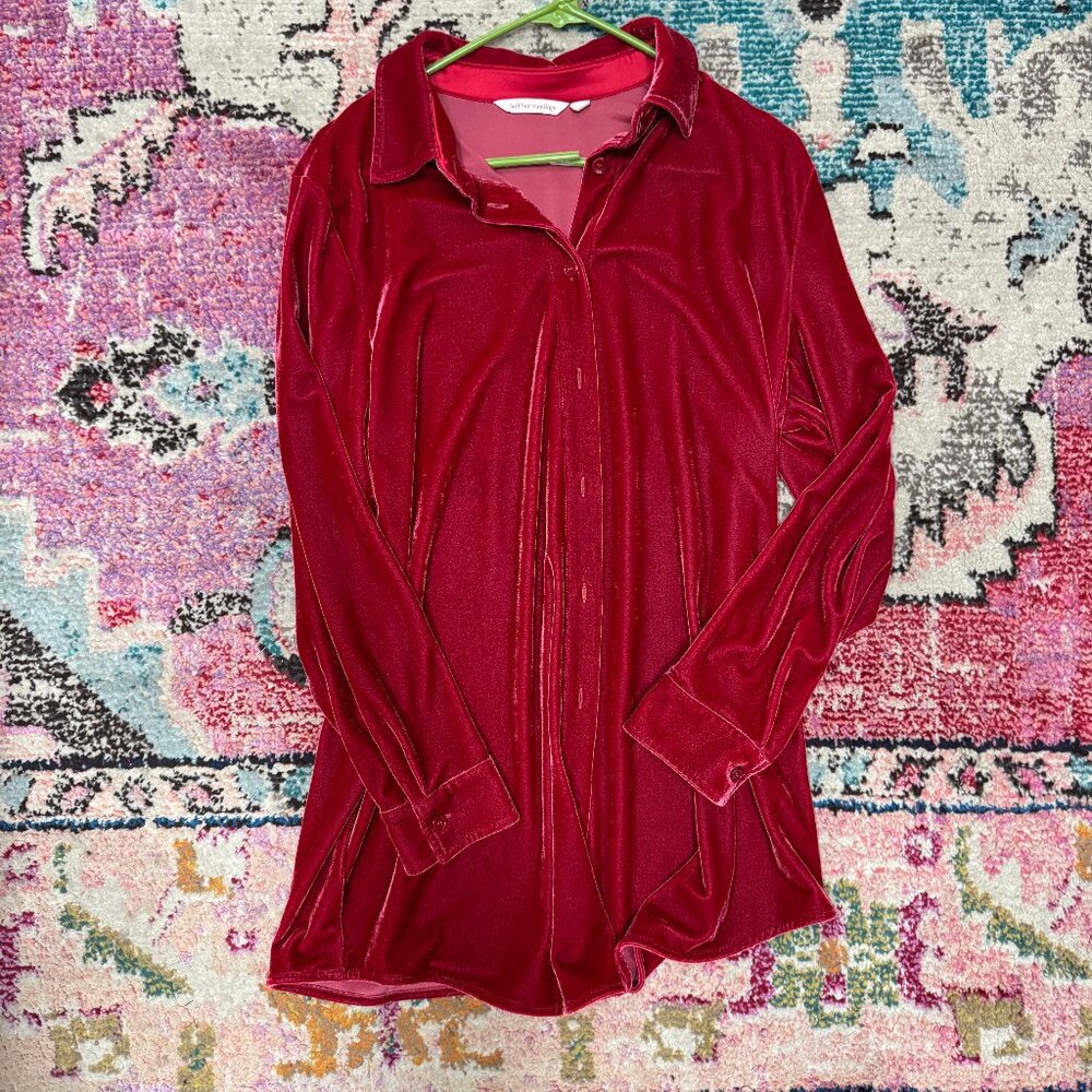 Soft Surroundings Red Velvet Button-Up Long Sleeve Tunic Shirt Womens Size M